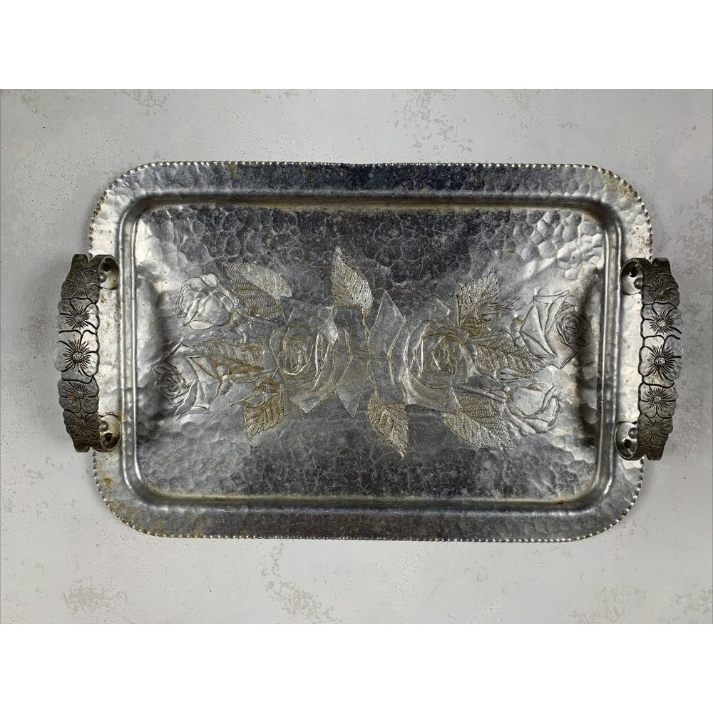 Continental Silver Co. "Wild Rose"‎ Brilliantone Hammered Aluminum Serving Tray